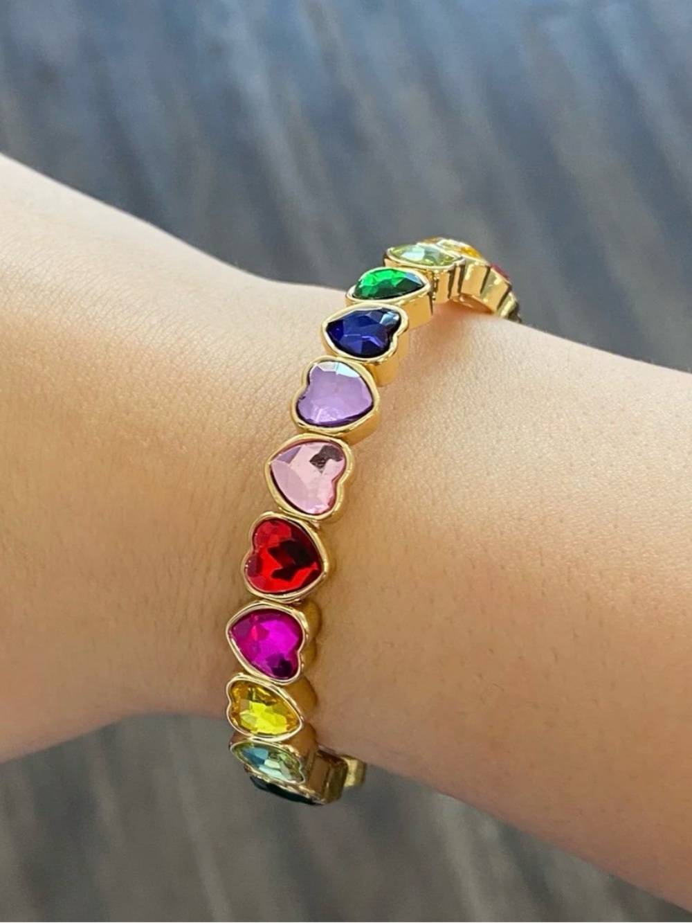 Queen of Hearts Rainbow Multi Colored Gemstone Gold Tone Stretch Bracelet